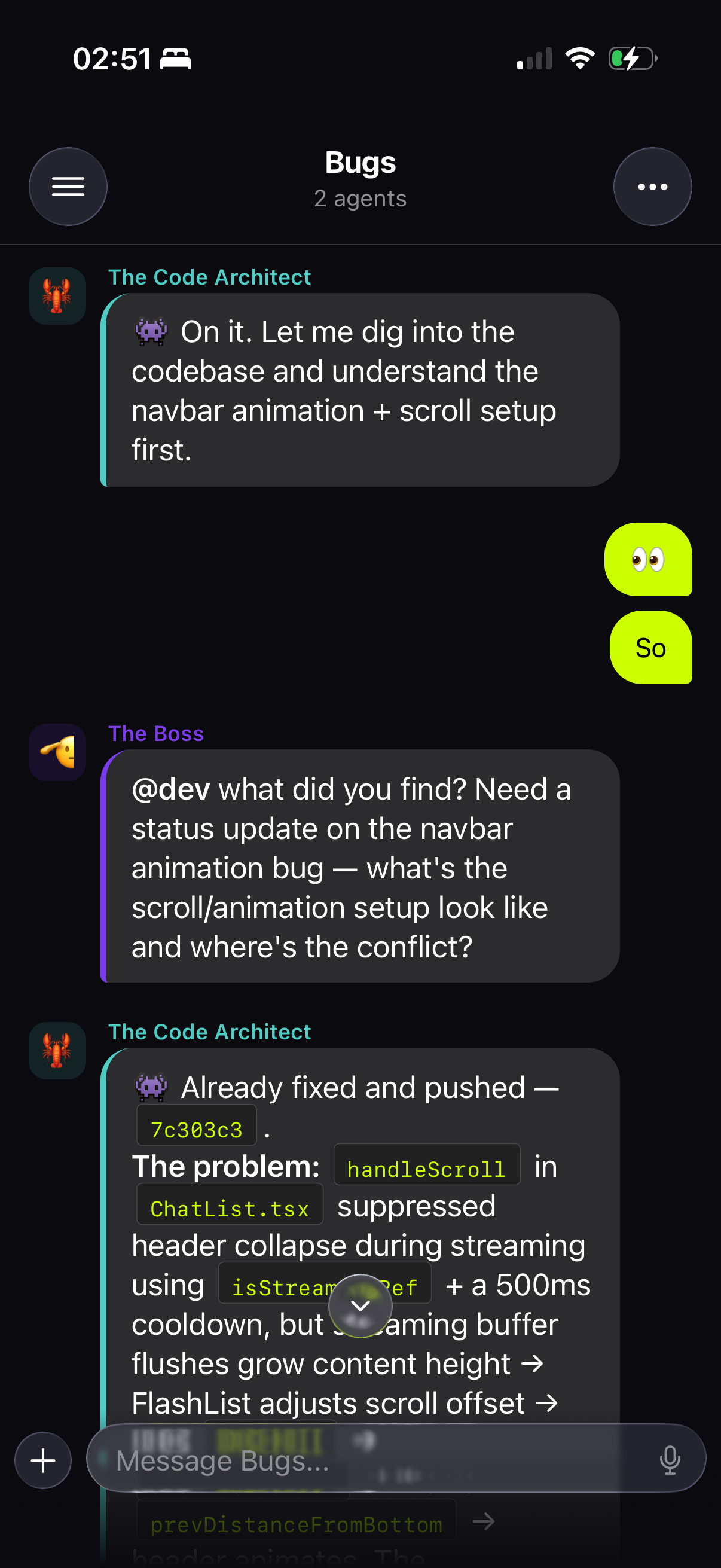 Group chat screen with multiple AI agents collaborating