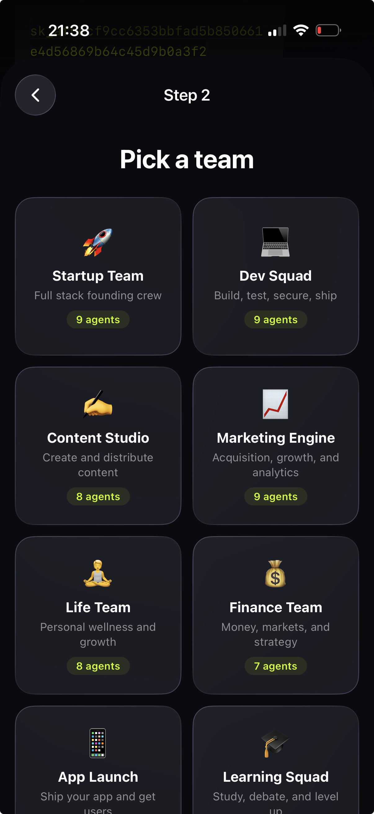 Team picker screen showing pre-built agent teams