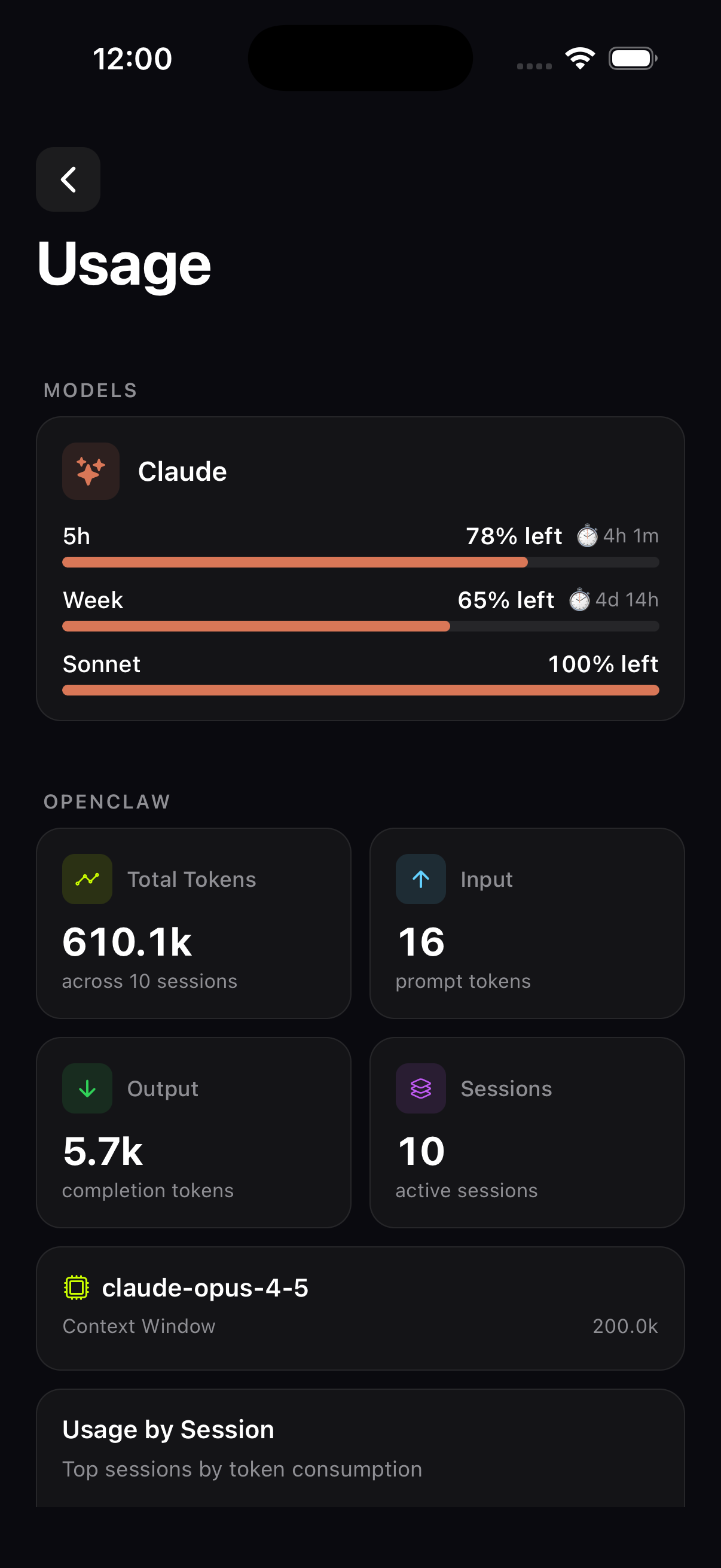 Usage Dashboard screen
